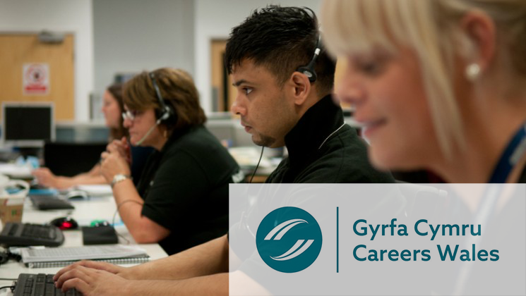 Cyrfa Cymbru Careers Wales logo and people working in the office